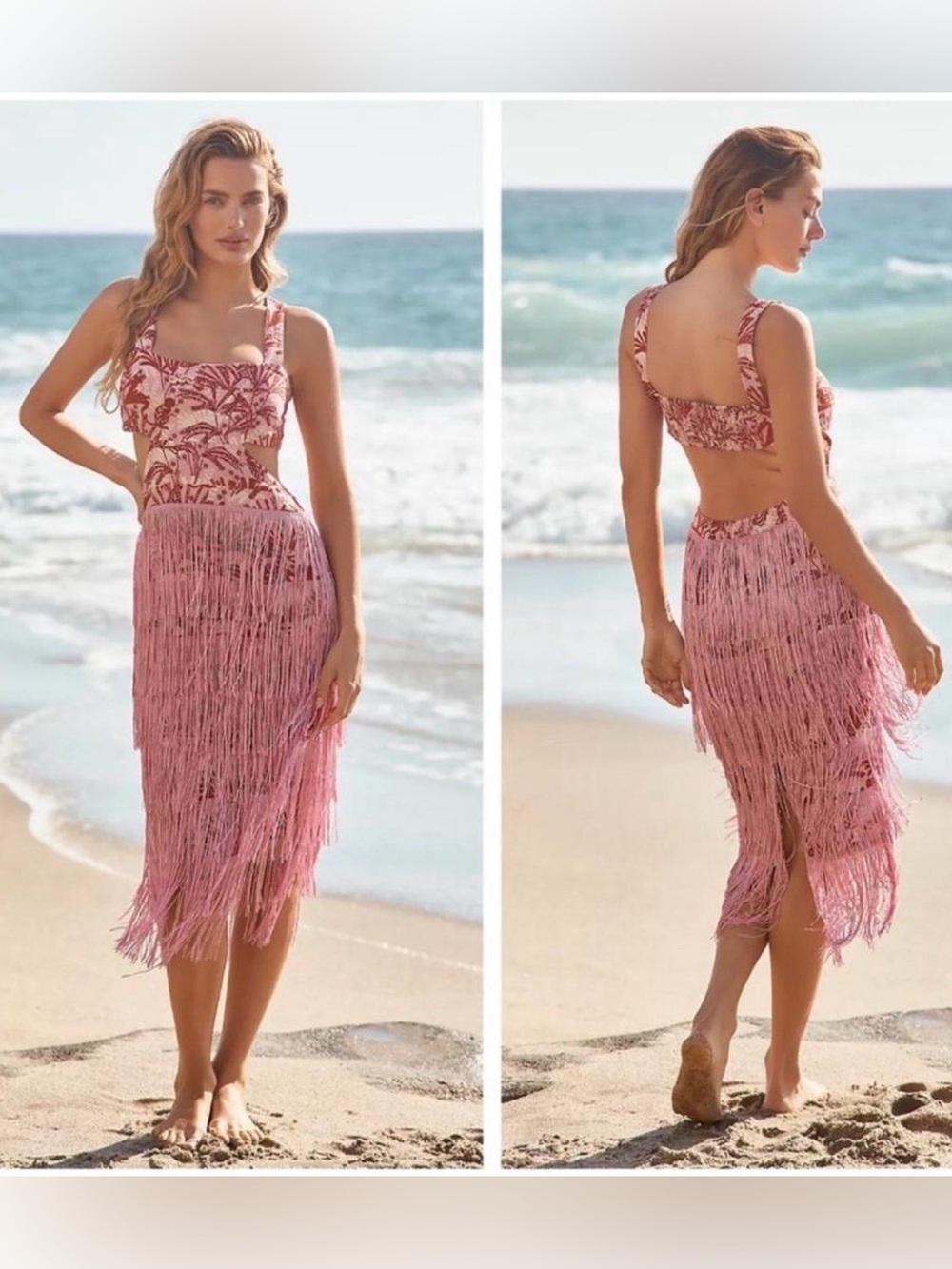 Pink Fringe Tropical Cutout Dress